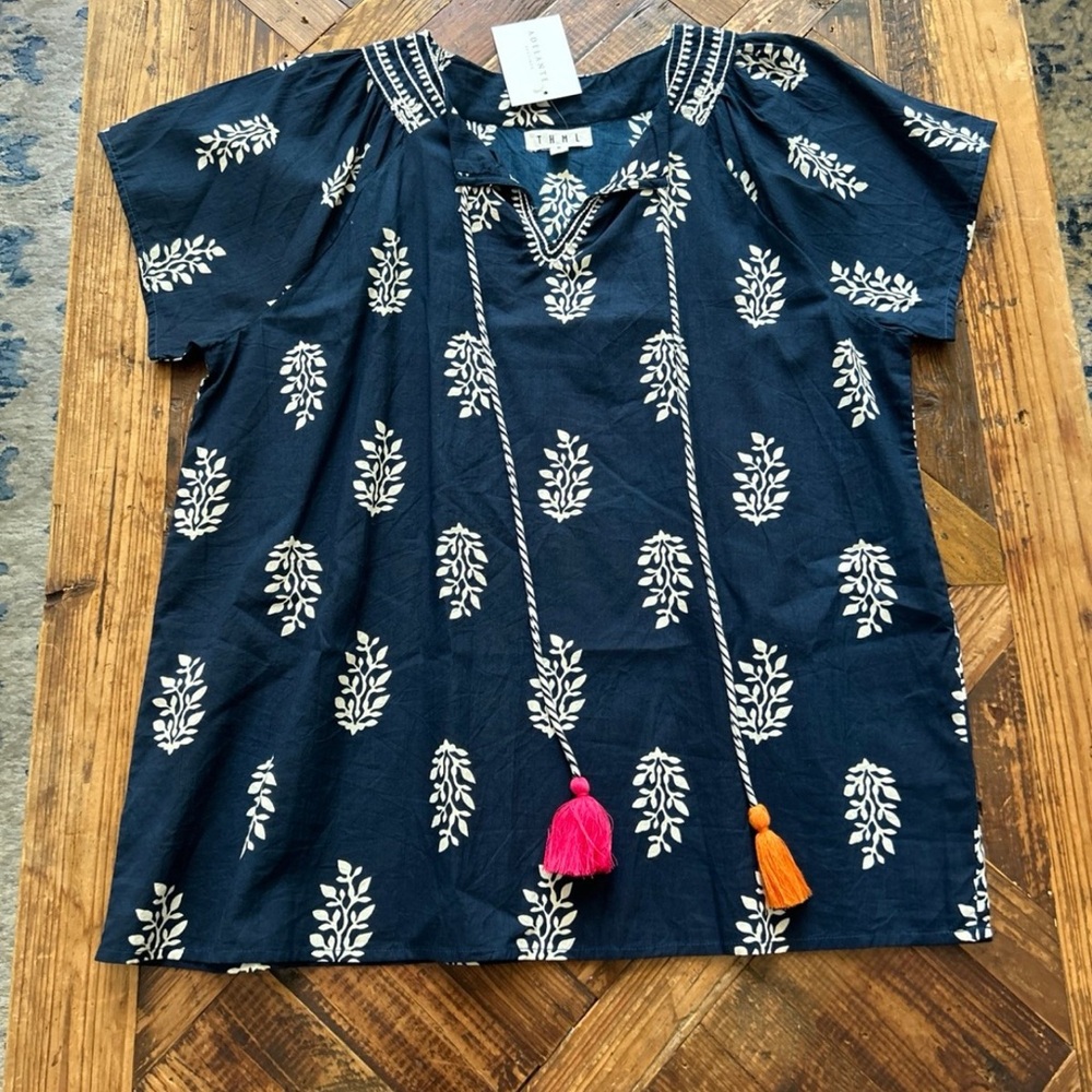 THML Blue and White Blouse with Leaf Print and Tassel Details